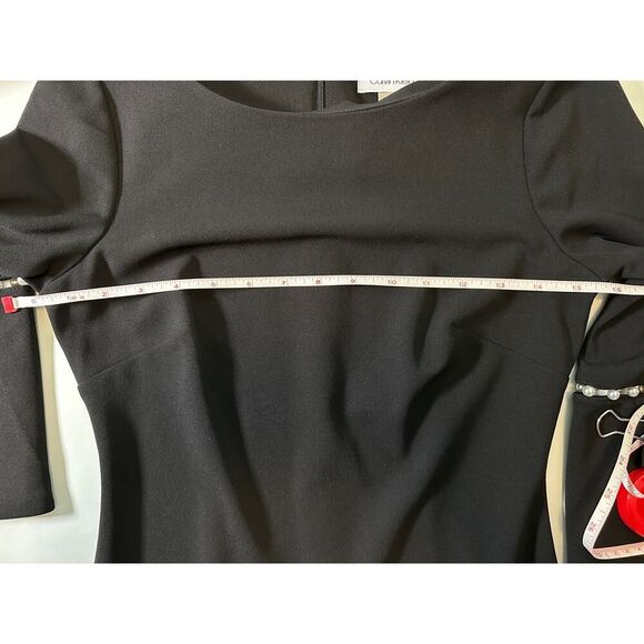 Calvin Klein Little Black Sheath Dress | NWT Size 2 | Bell Sleeve Pearl Detail - Picture 3 of 13